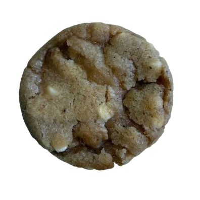 Cookie de chocolate branco e noz macadâmia, visto de cima
